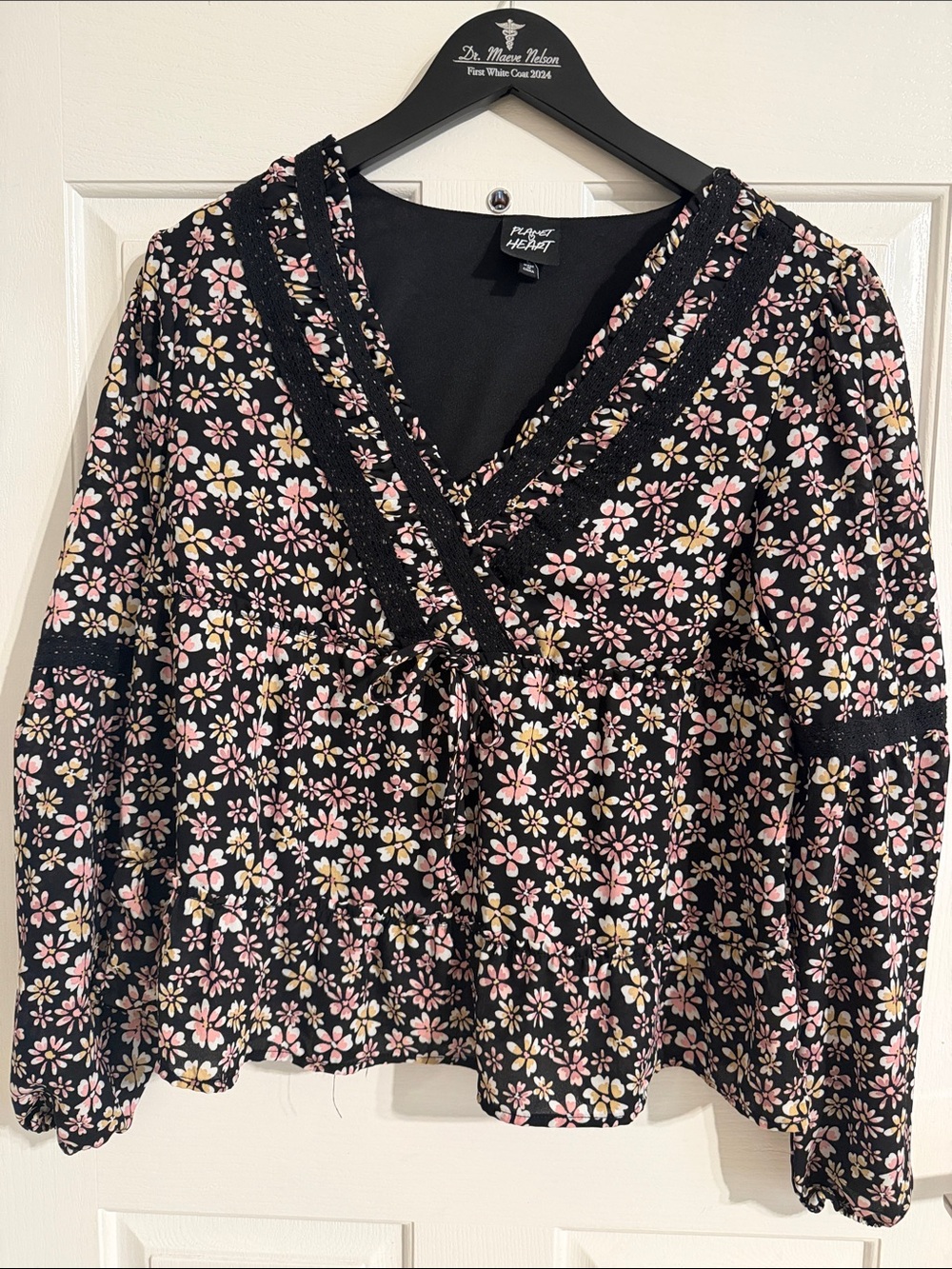 Floral V-Neck Peasant Blouse - Pink & Yellow on Black